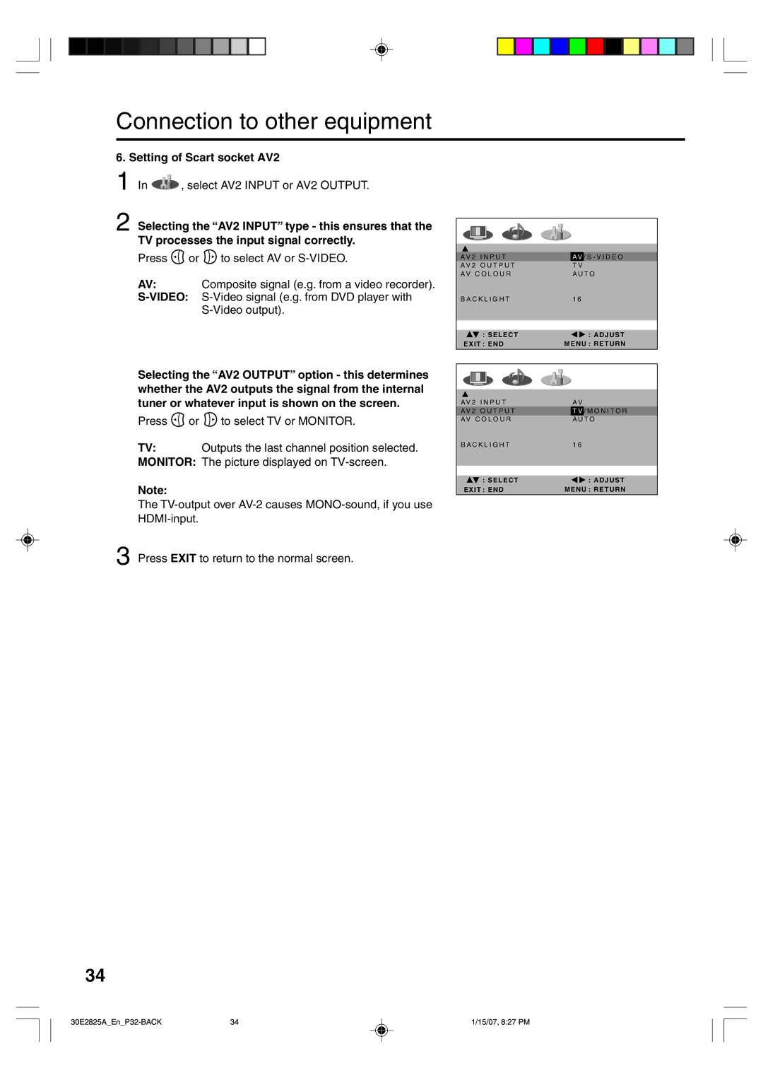 Toshiba 32W300P operating instructions Setting of Scart socket AV2, select AV2 Input or AV2 Output 