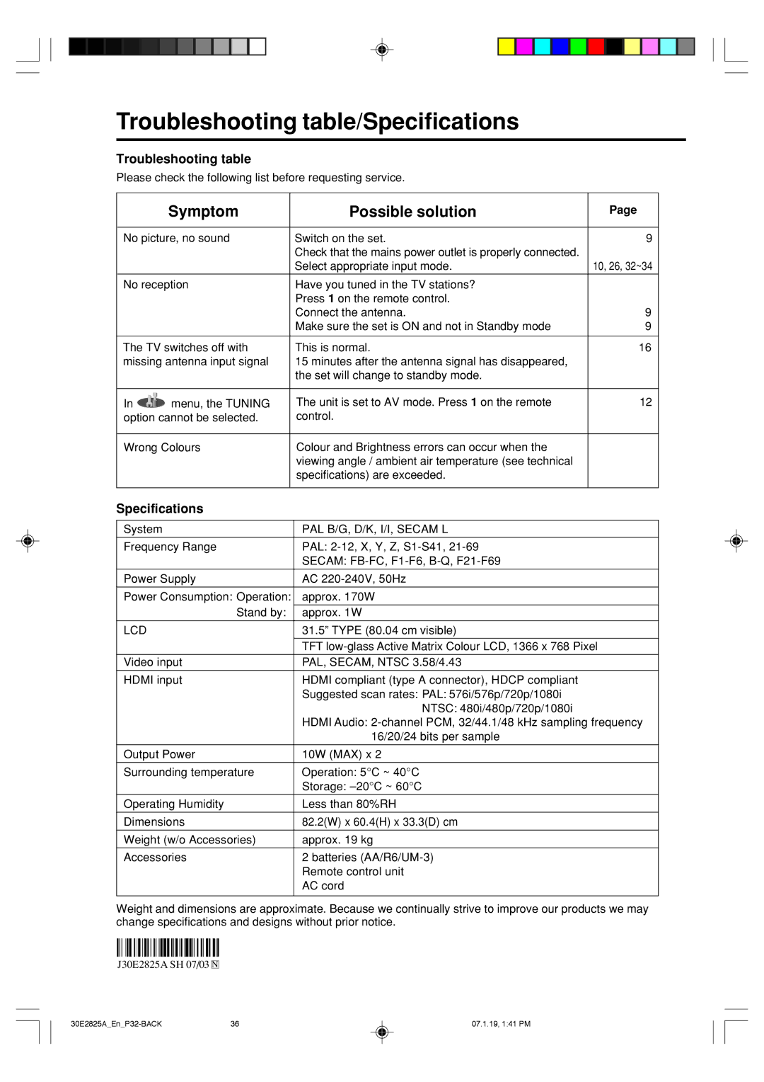 Toshiba 32W300P operating instructions Troubleshooting table/Specifications 