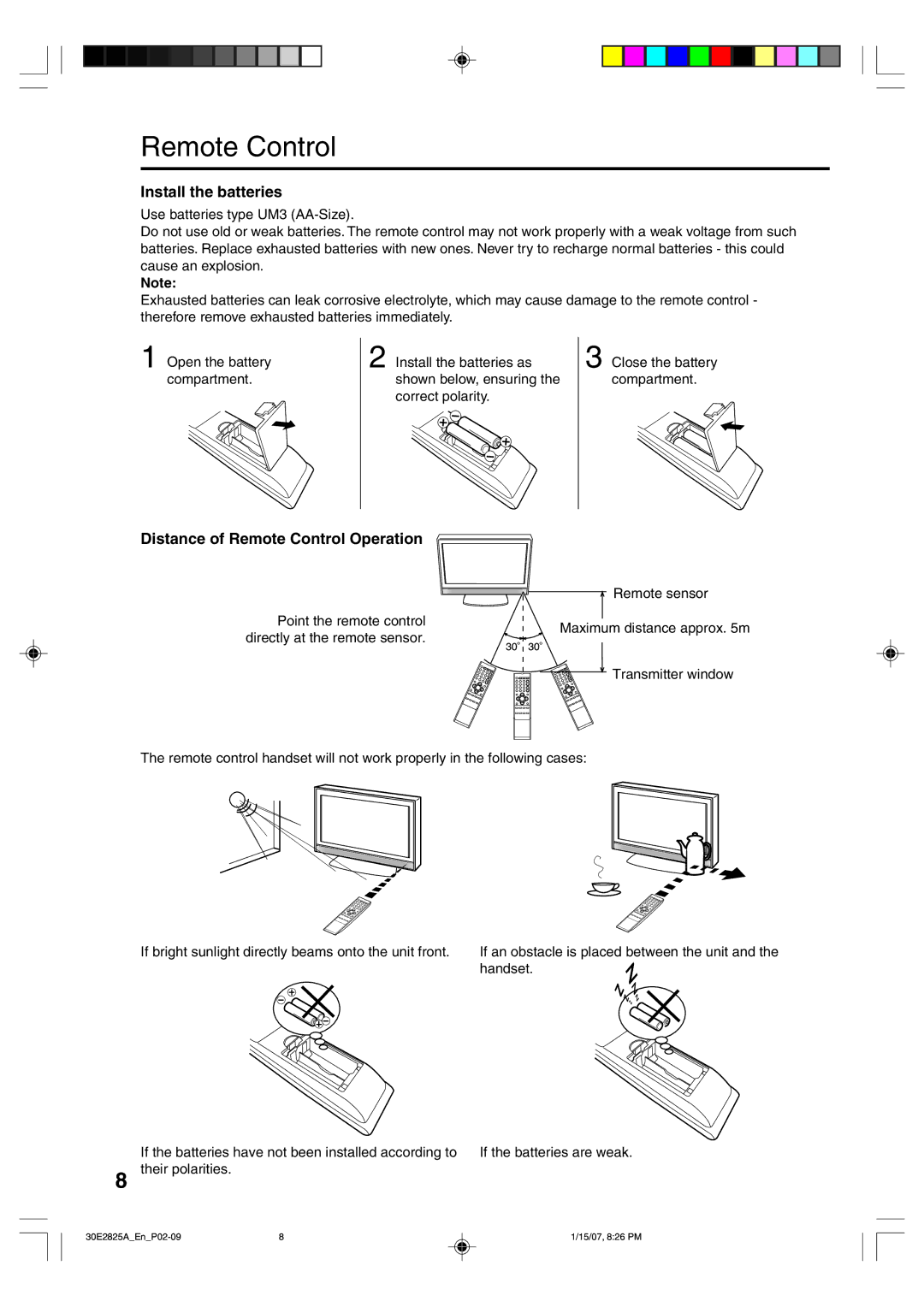 Toshiba 32W300P operating instructions Install the batteries, Distance of Remote Control Operation, Handset 