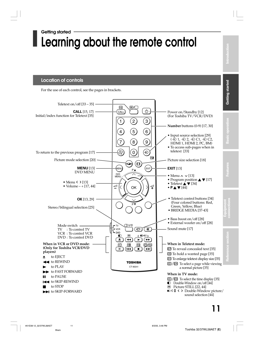 Toshiba 37WL58E Location of controls, When in VCR or DVD mode Only for Toshiba VCR/DVD players, When in Teletext mode 