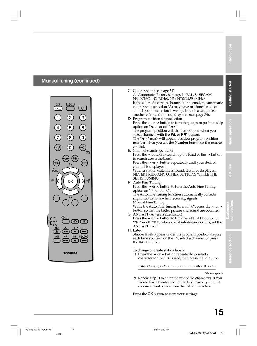 Toshiba 37WL58T, 32WL58T, 32WL58A, 32WL58E, 37WL58A, 37WL58E owner manual Never Press ANY Other Buttons While SET is Tuning 