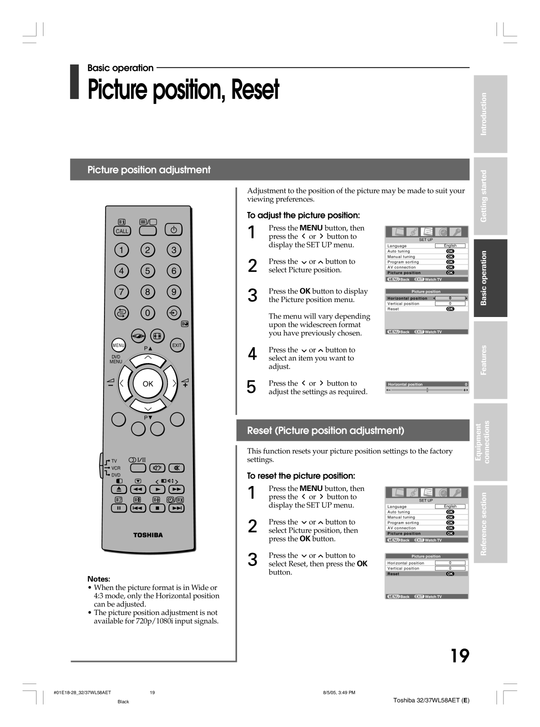 Toshiba 32WL58A, 32WL58T Picture position, Reset, Reset Picture position adjustment, To adjust the picture position 