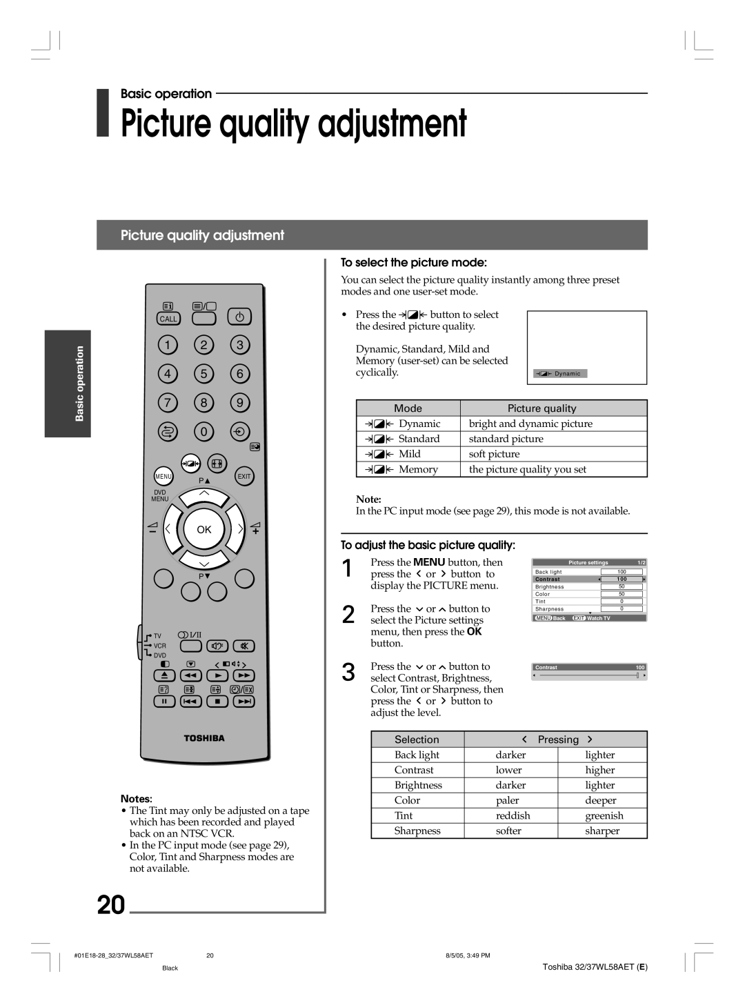 Toshiba 32WL58E, 32WL58T Picture quality adjustment, To select the picture mode, To adjust the basic picture quality 