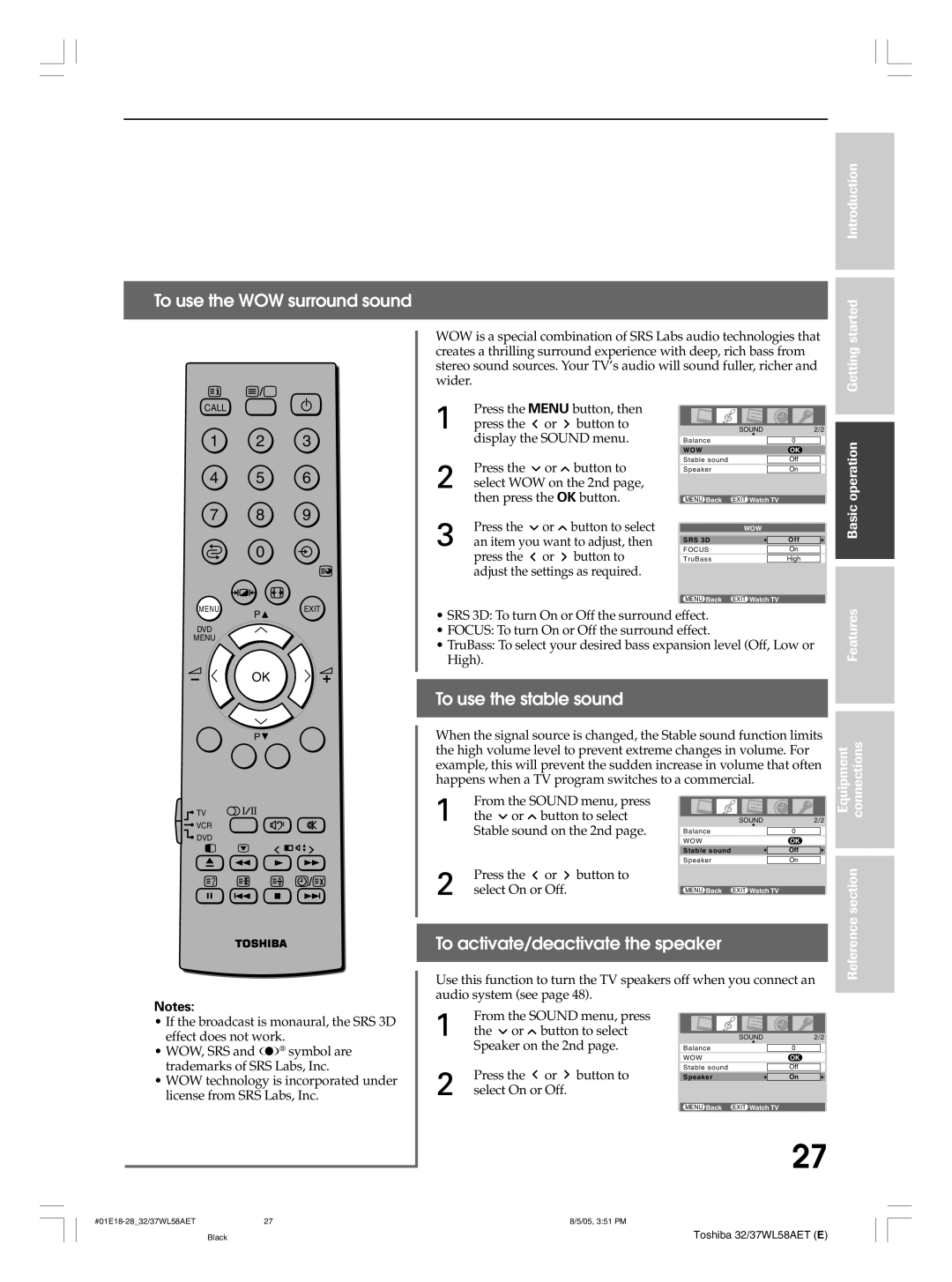 Toshiba 37WL58T, 32WL58T To use the WOW surround sound, To use the stable sound, To activate/deactivate the speaker 