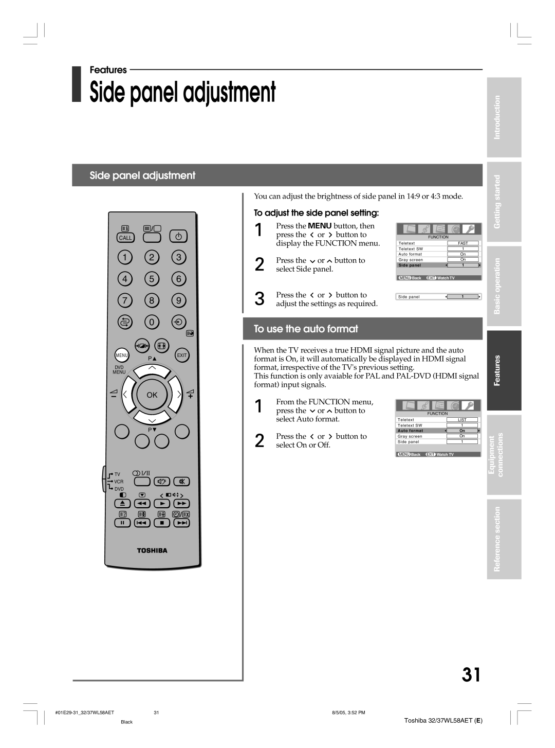 Toshiba 32WL58A, 32WL58T, 32WL58E, 37WL58T Side panel adjustment, To use the auto format, To adjust the side panel setting 