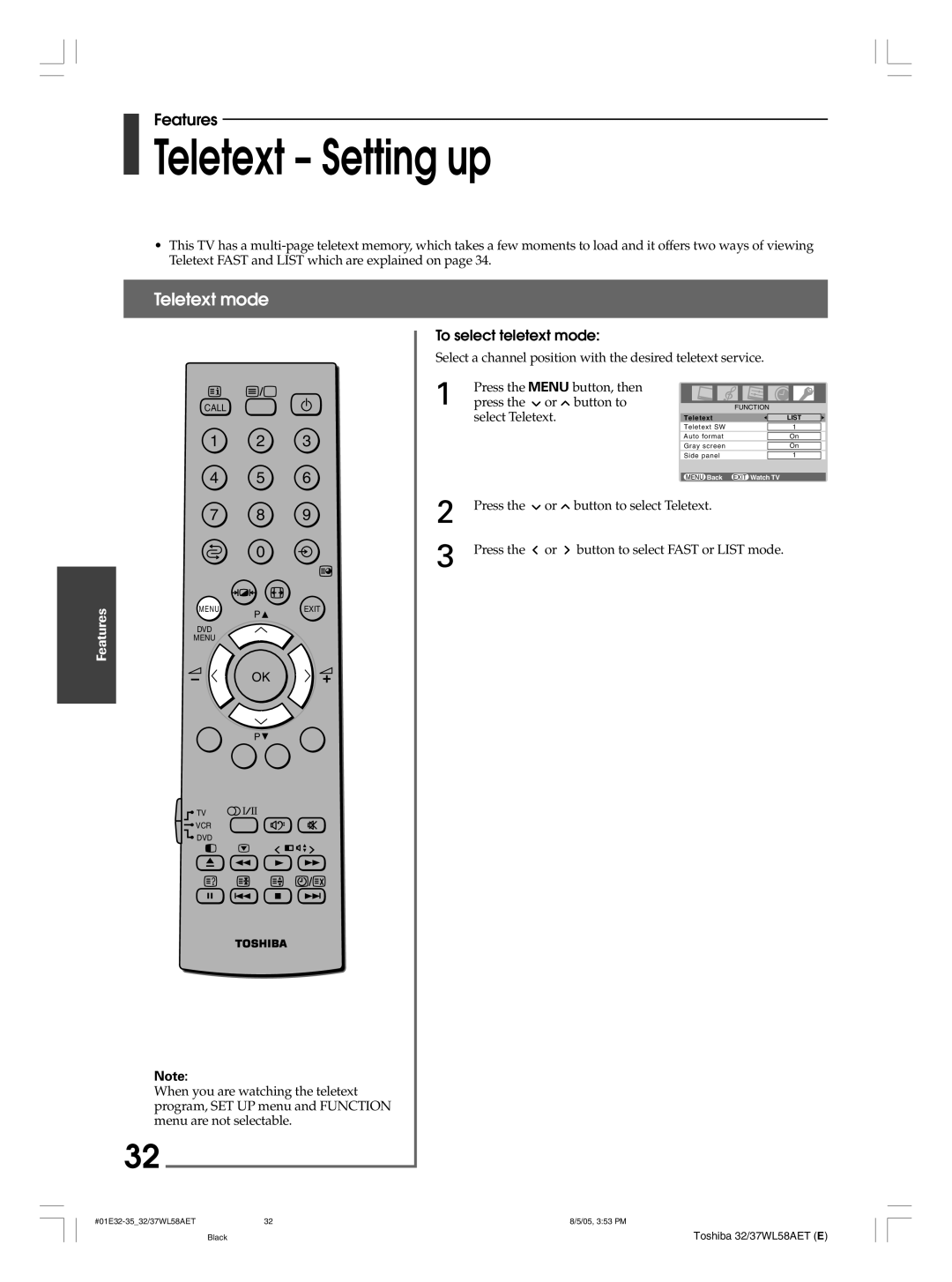 Toshiba 32WL58E, 32WL58T, 32WL58A, 37WL58T, 37WL58A, 37WL58E Teletext Setting up, Teletext mode, To select teletext mode 