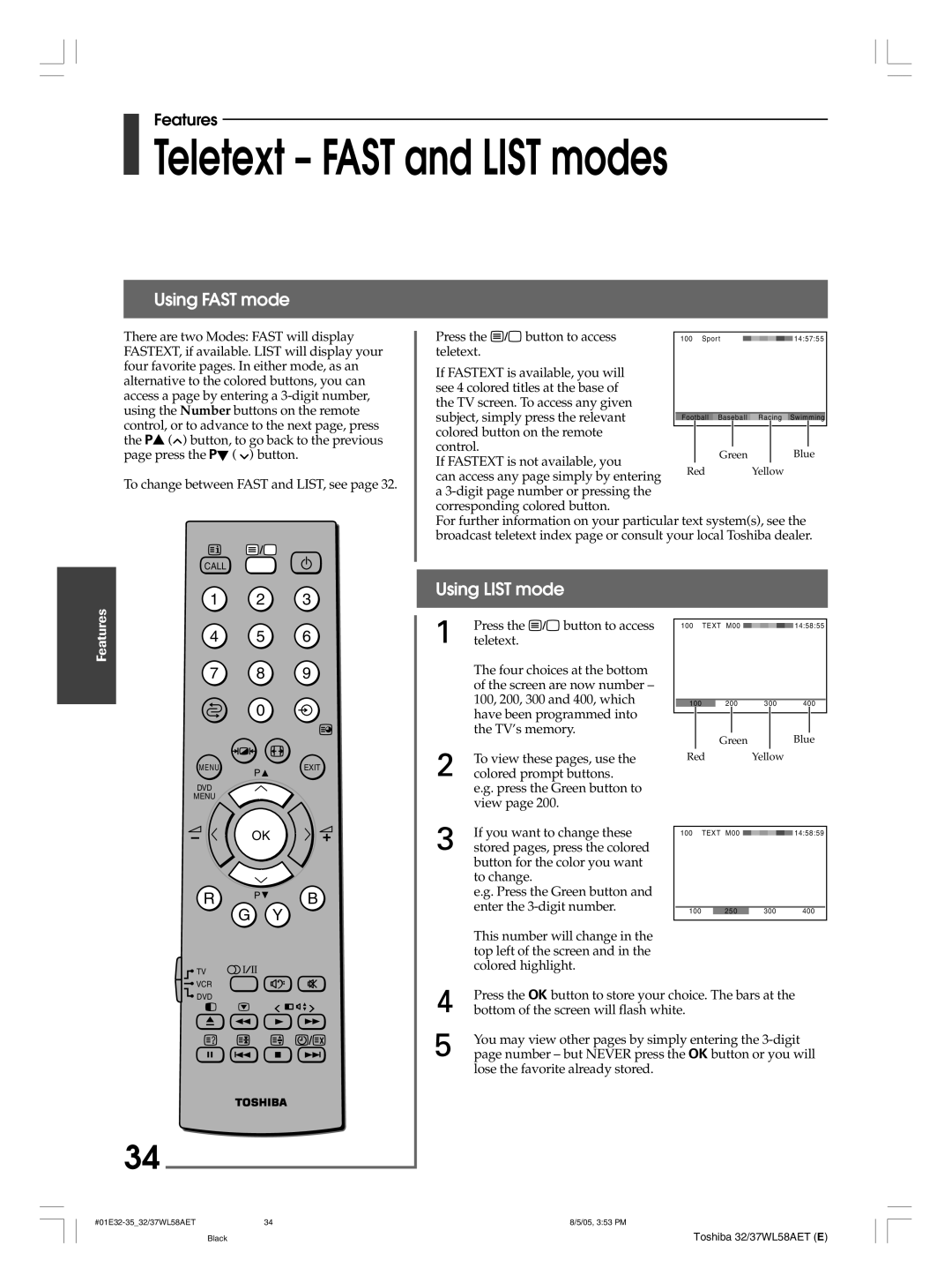 Toshiba 37WL58A, 32WL58T, 32WL58A, 32WL58E, 37WL58T, 37WL58E Teletext Fast and List modes, Using Fast mode, Using List mode 