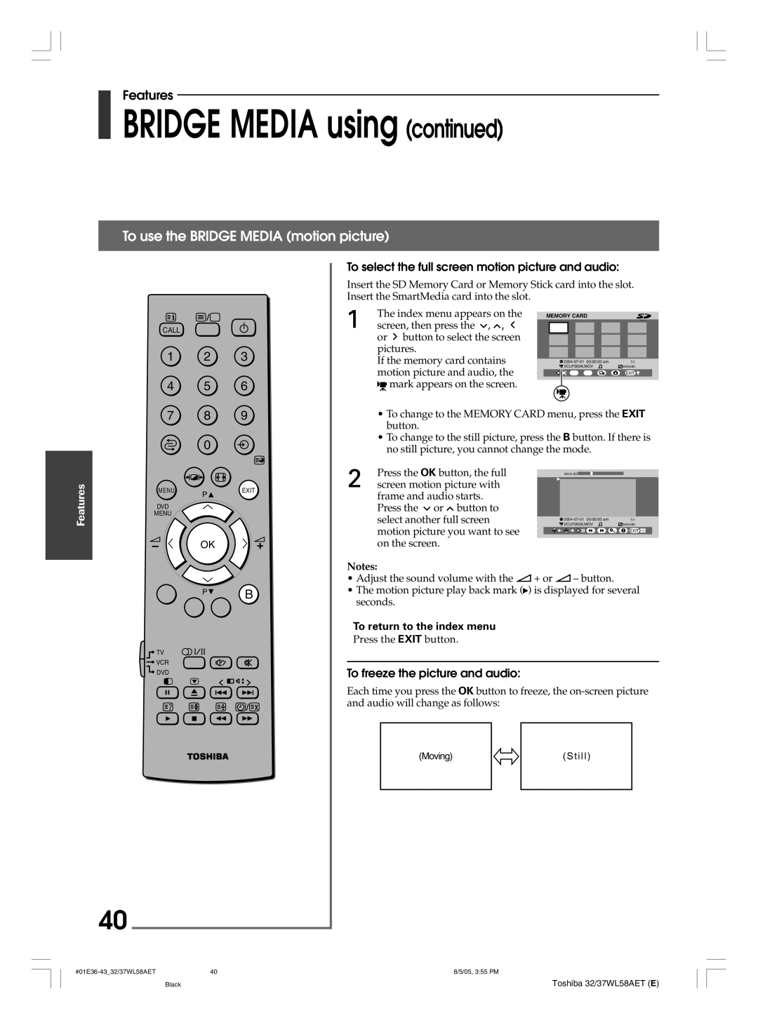 Toshiba 37WL58A, 32WL58T To use the Bridge Media motion picture, To select the full screen motion picture and audio 