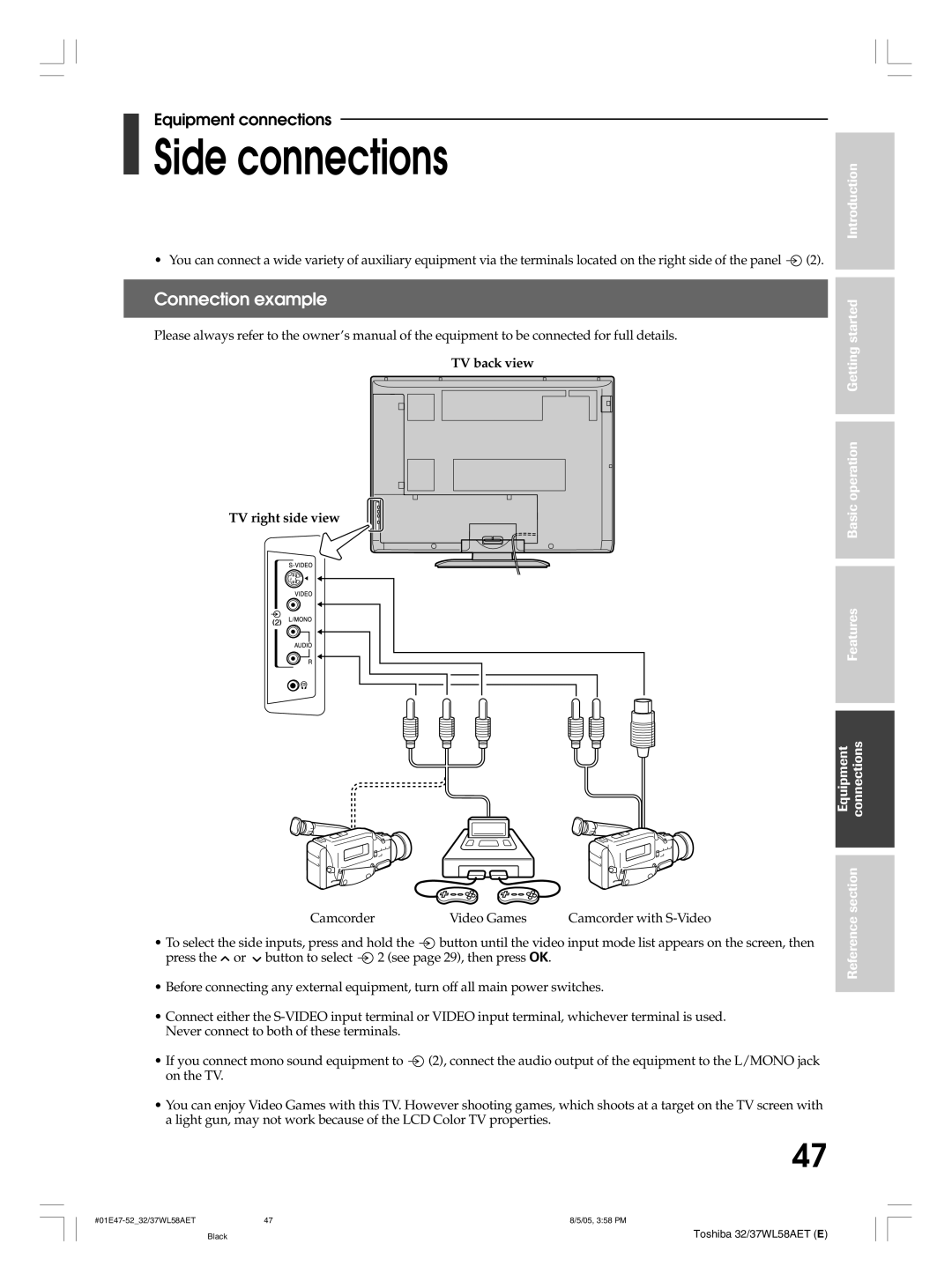 Toshiba 37WL58E, 32WL58T, 32WL58A, 32WL58E, 37WL58T Side connections, Connection example, TV back view TV right side view 