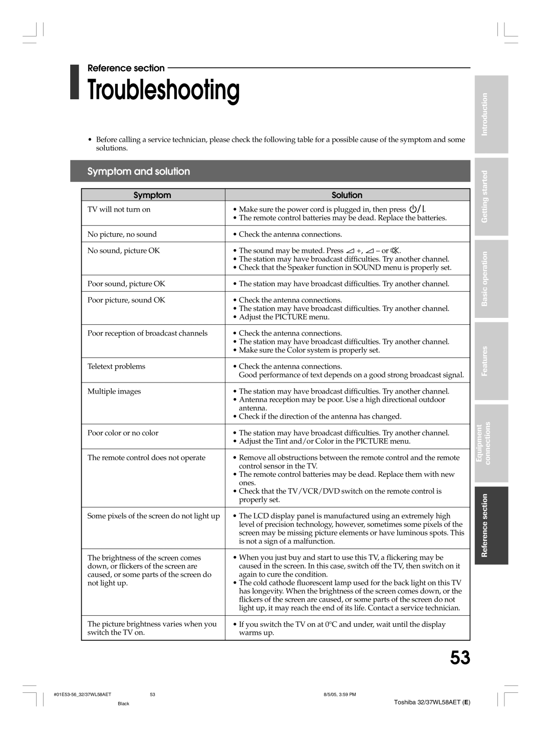 Toshiba 37WL58E, 32WL58T, 32WL58A, 32WL58E, 37WL58T, 37WL58A Troubleshooting, Symptom and solution, Symptom Solution 