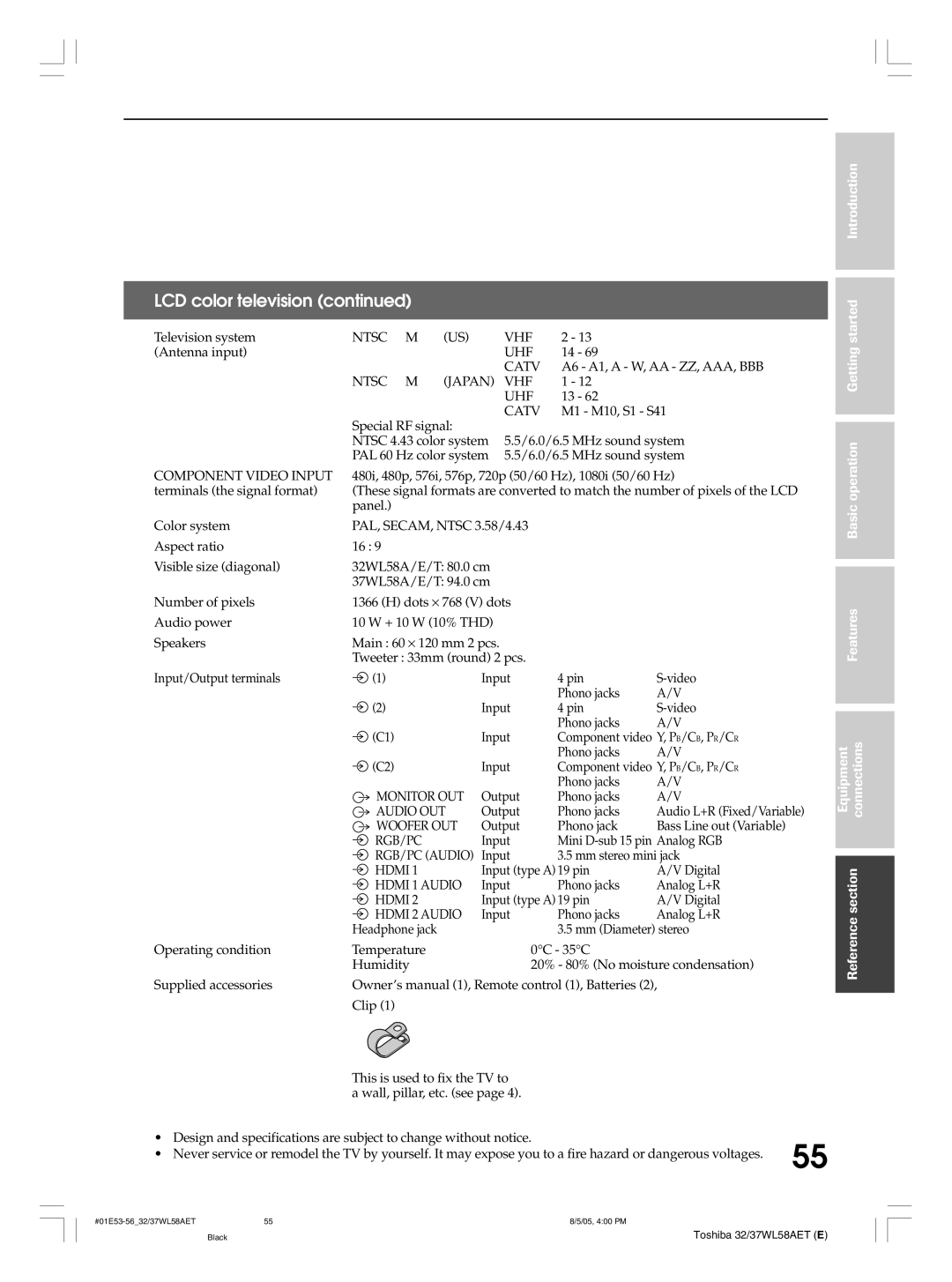 Toshiba 32WL58A, 32WL58T, 32WL58E, 37WL58T, 37WL58A, 37WL58E owner manual Ntsc VHF 