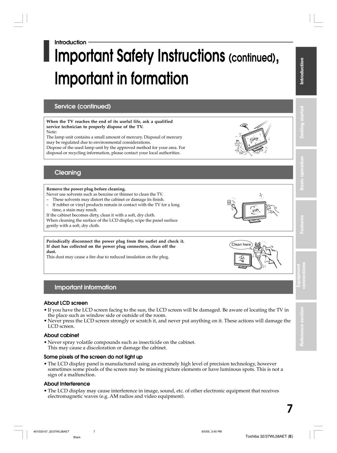 Toshiba 32WL58A, 32WL58T, 32WL58E, 37WL58T, 37WL58A, 37WL58E owner manual Cleaning, Important information 