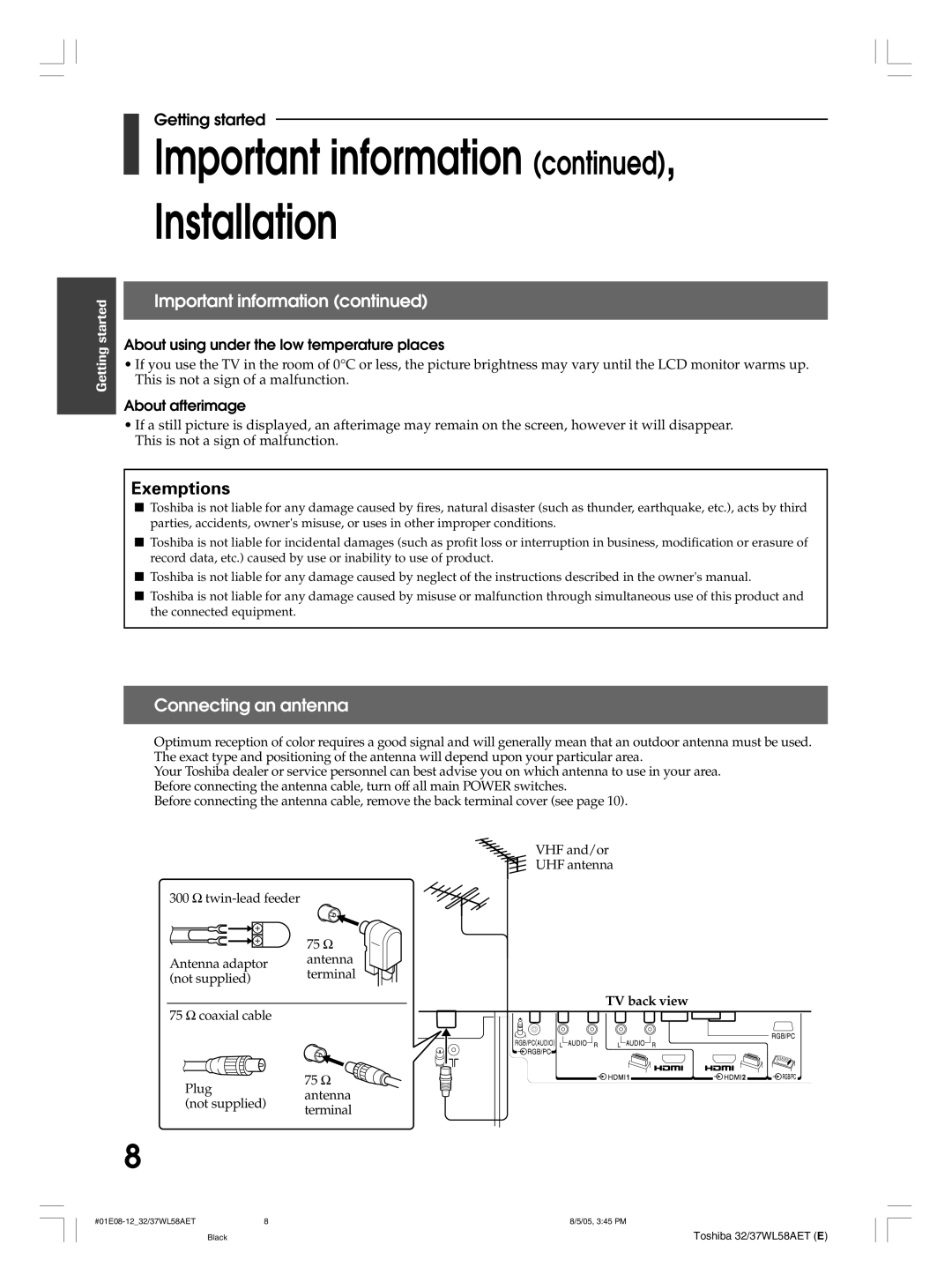 Toshiba 32WL58E Important information , Installation, Connecting an antenna, About using under the low temperature places 