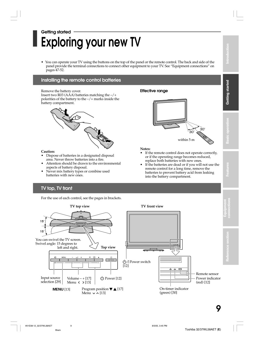 Toshiba 37WL58T, 32WL58T Exploring your new TV, Installing the remote control batteries, TV top, TV front, Effective range 