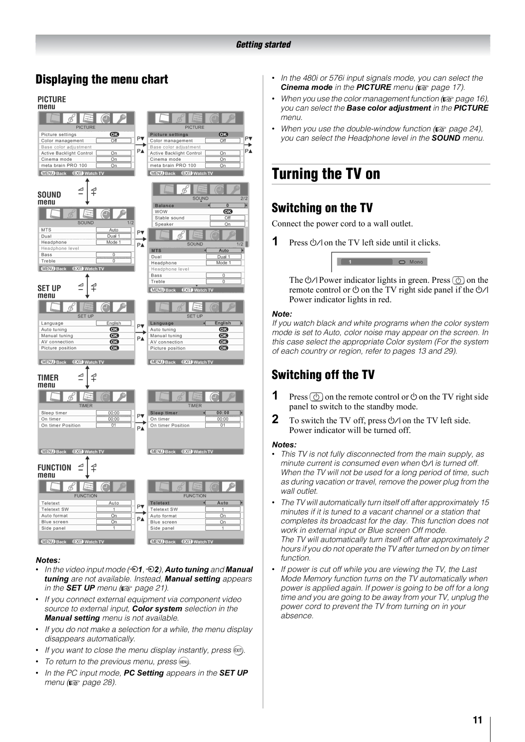 Toshiba 37WL68E, 32WL68A, 32WL68E Turning the TV on, Displaying the menu chart, Switching on the TV, Switching off the TV 