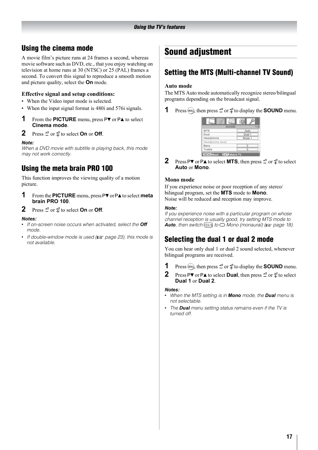 Toshiba 37WL68E Sound adjustment, Using the cinema mode, Using the meta brain PRO, Selecting the dual 1 or dual 2 mode 