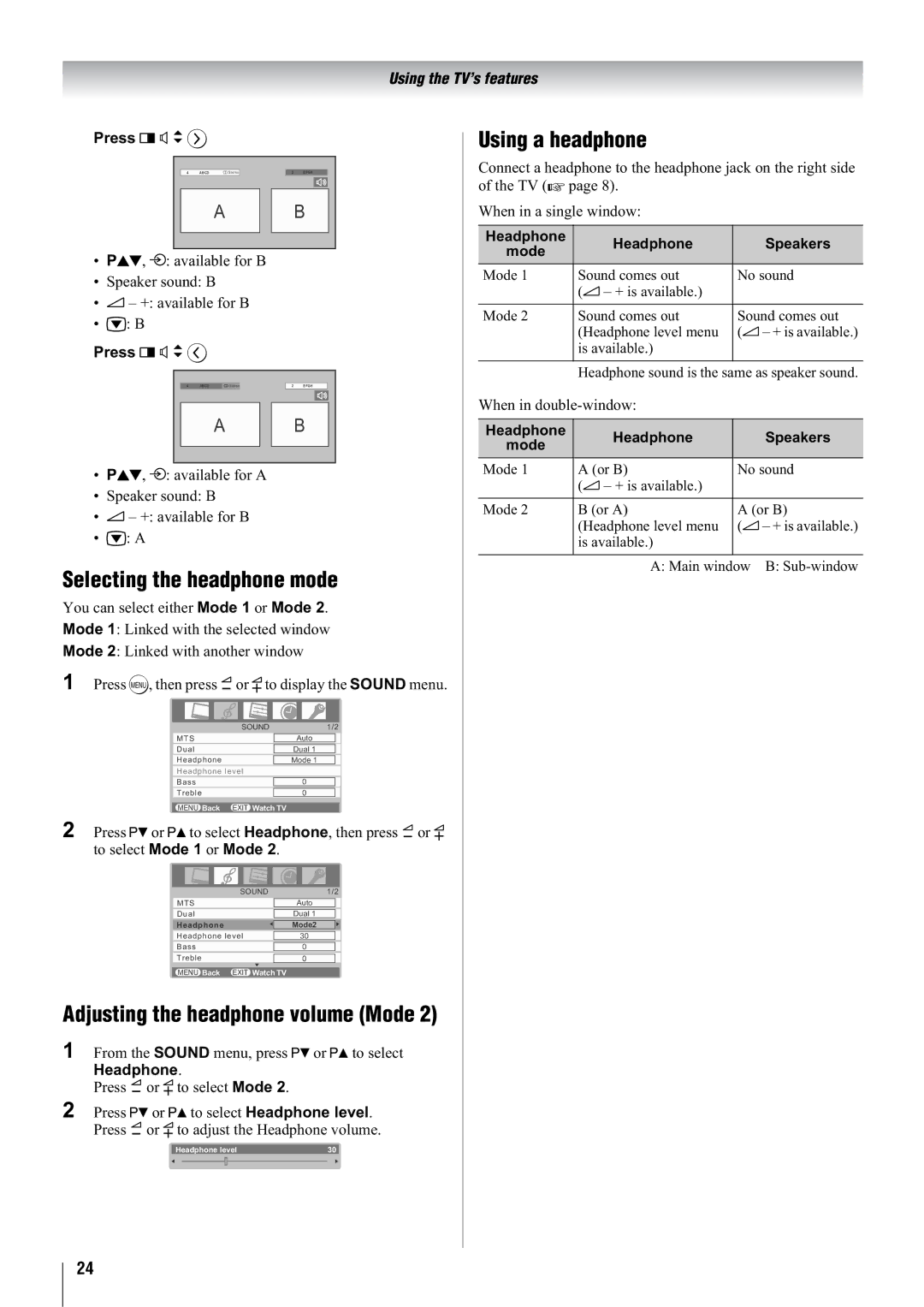 Toshiba 32WL68A, 32WL68E, 32WL68T, 37WL68T, 37WL68A Selecting the headphone mode, Using a headphone, Headphone Speakers 