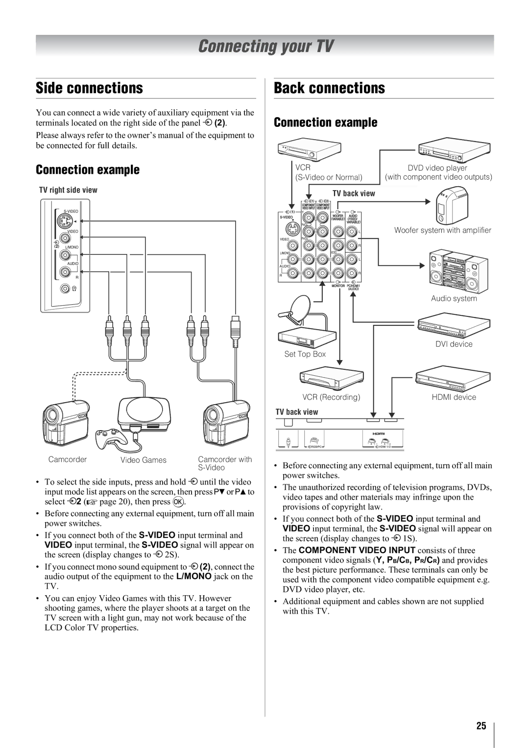 Toshiba 32WL68E, 32WL68A, 32WL68T, 37WL68T Connecting your TV, Side connections, Back connections, Connection example 