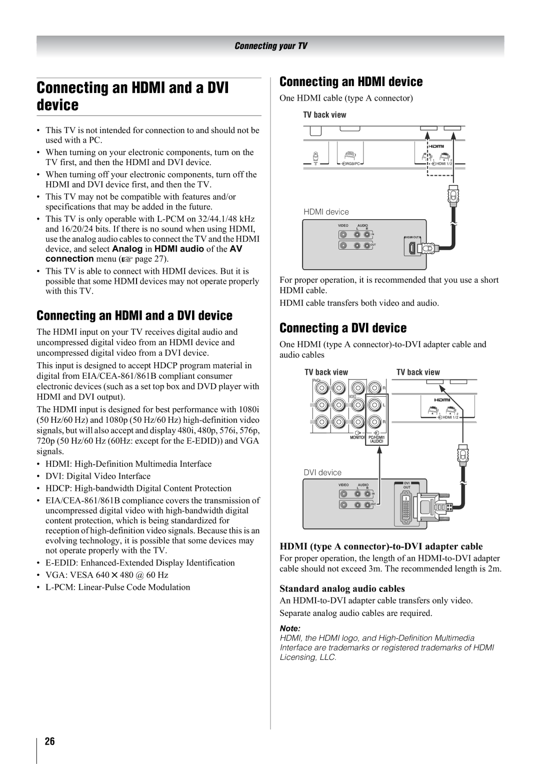 Toshiba 32WL68T, 32WL68A, 32WL68E Connecting an Hdmi and a DVI device, Connecting an Hdmi device, Connecting a DVI device 