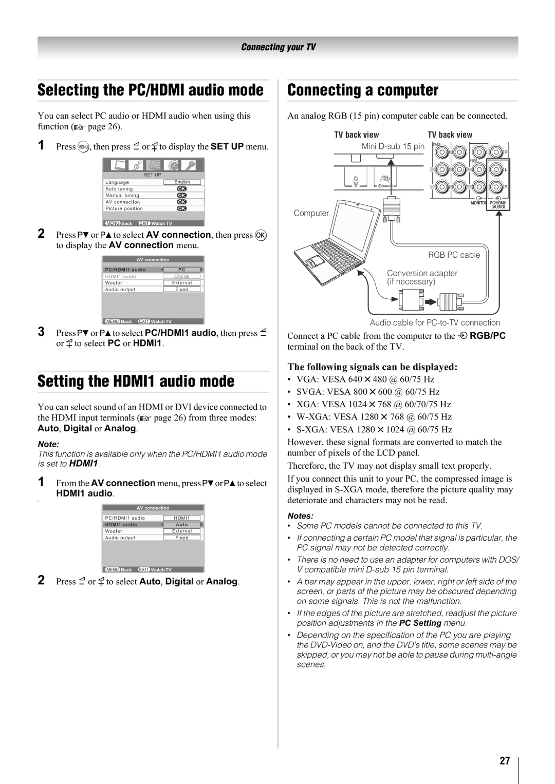 Toshiba 37WL68T, 32WL68A, 32WL68E Setting the HDMI1 audio mode, Connecting a computer, Following signals can be displayed 