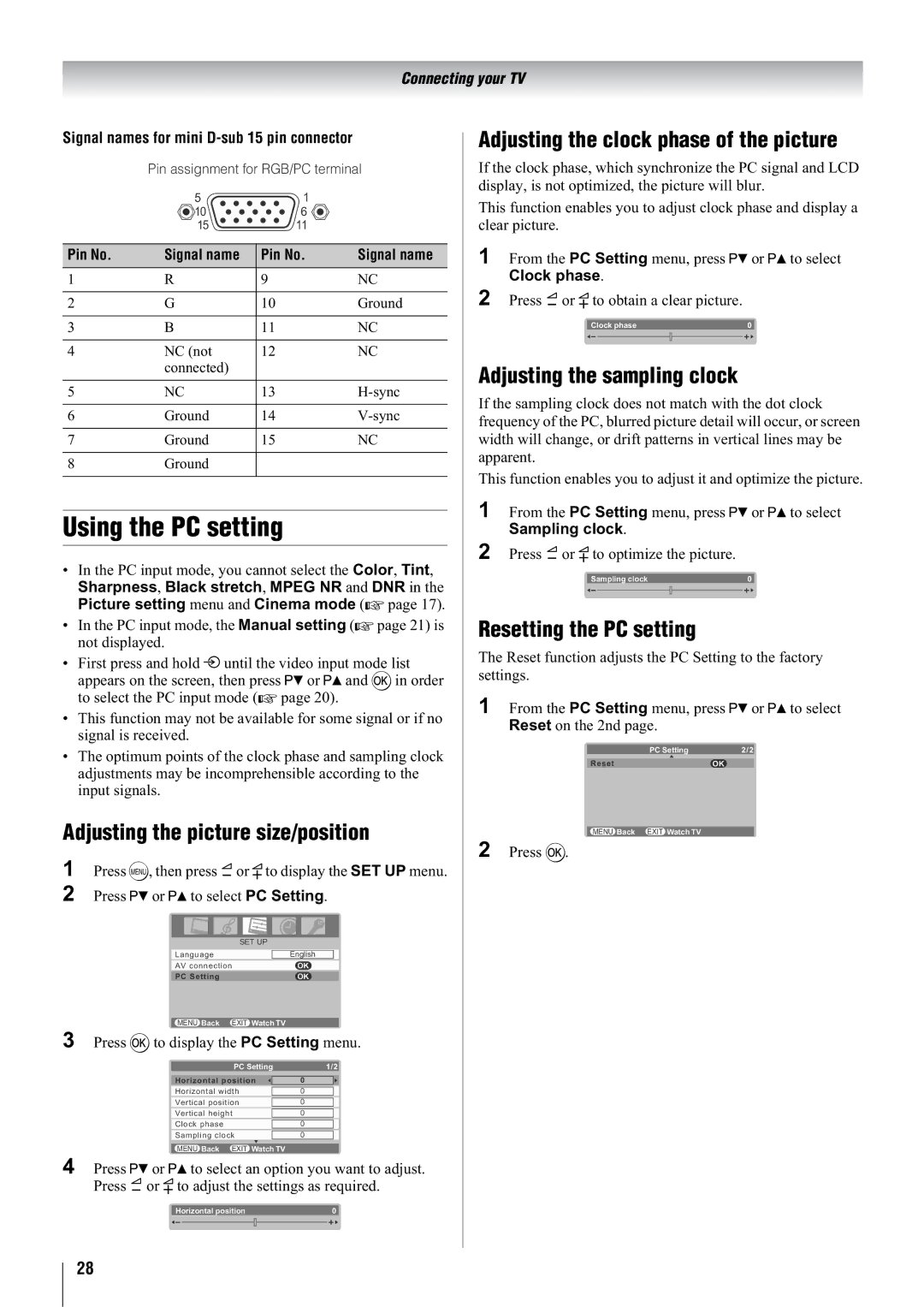 Toshiba 37WL68A Using the PC setting, Adjusting the picture size/position, Adjusting the clock phase of the picture 