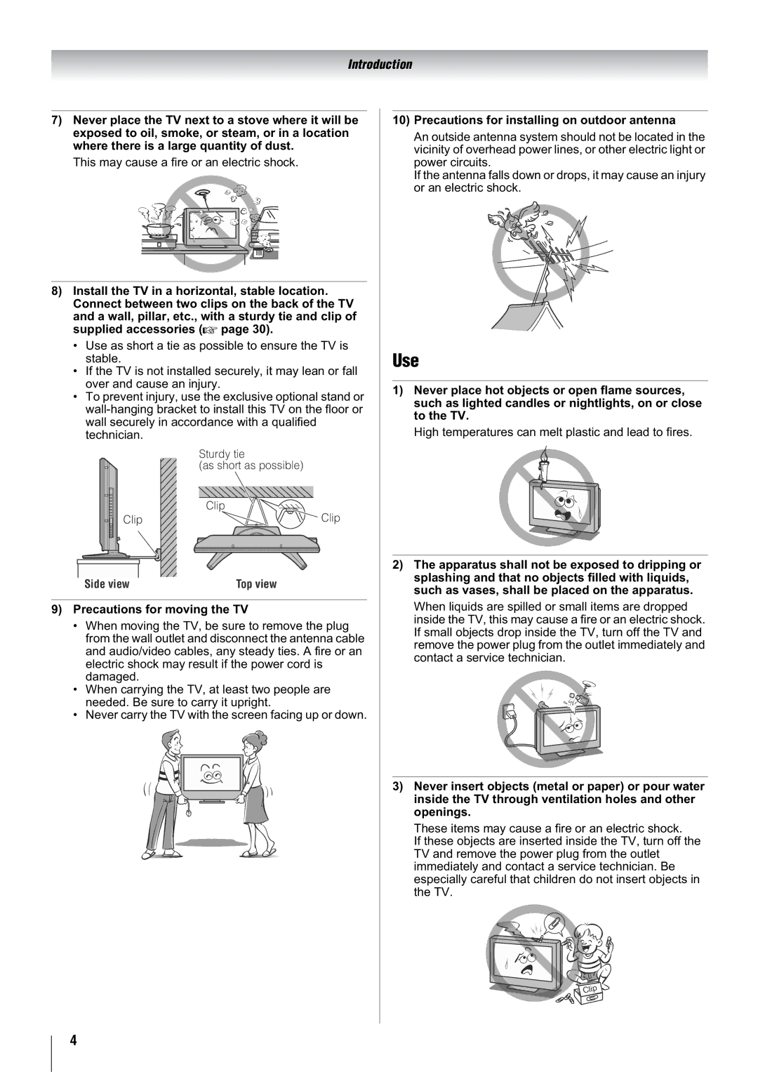 Toshiba 37WL68A, 32WL68A, 32WL68E, 32WL68T Use, Precautions for moving the TV, Precautions for installing on outdoor antenna 