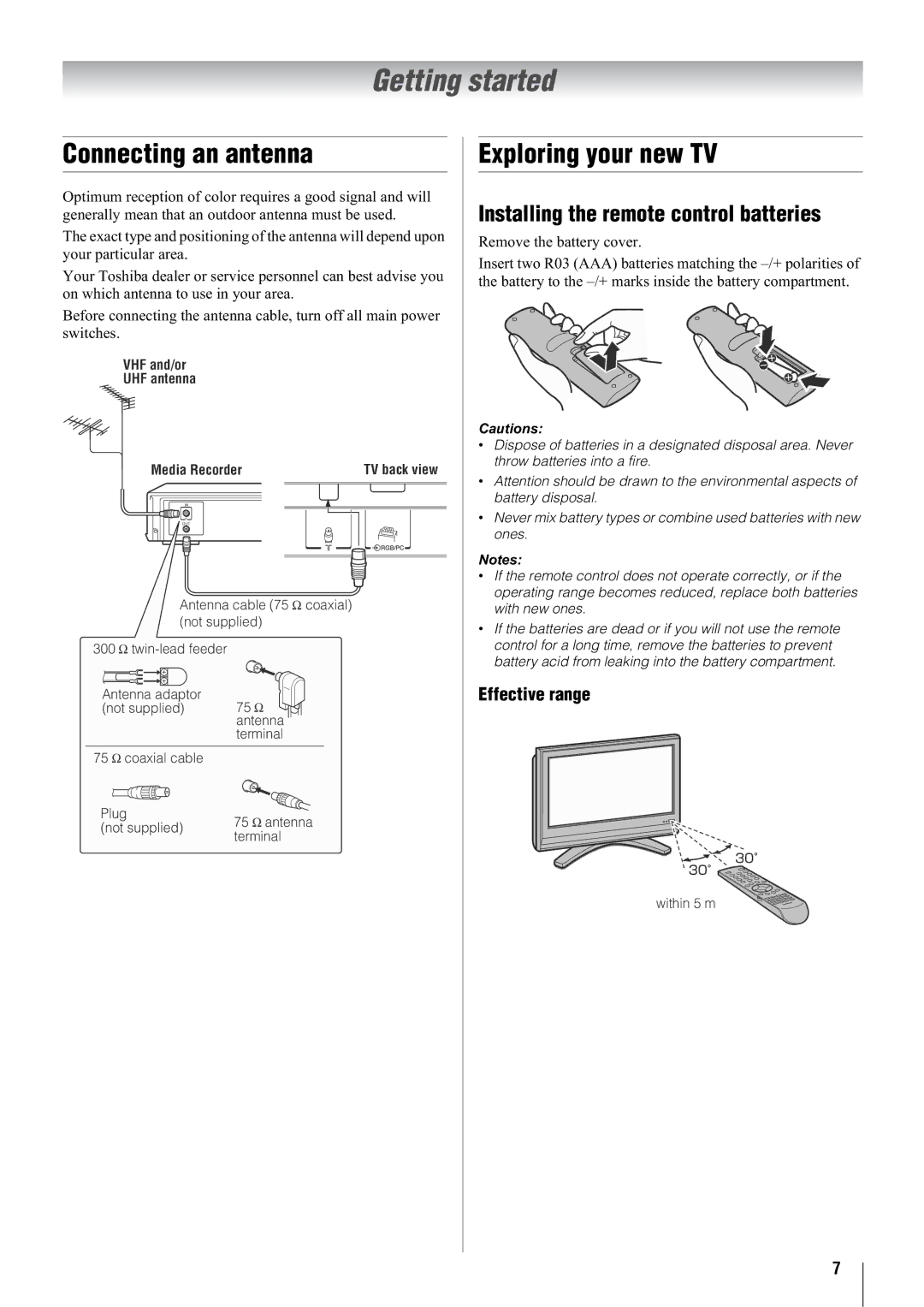 Toshiba 32WL68E Getting started, Connecting an antenna, Exploring your new TV, Installing the remote control batteries 