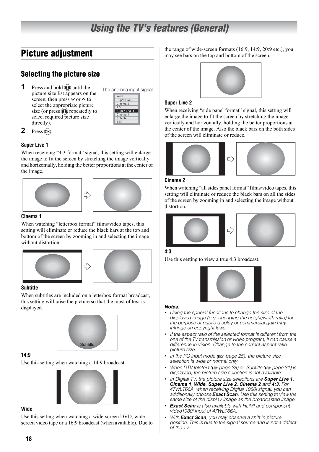 Toshiba 47WLT66A, 32WLT66A, 37WLT66A Using the TV’s features General, Picture adjustment, Selecting the picture size 