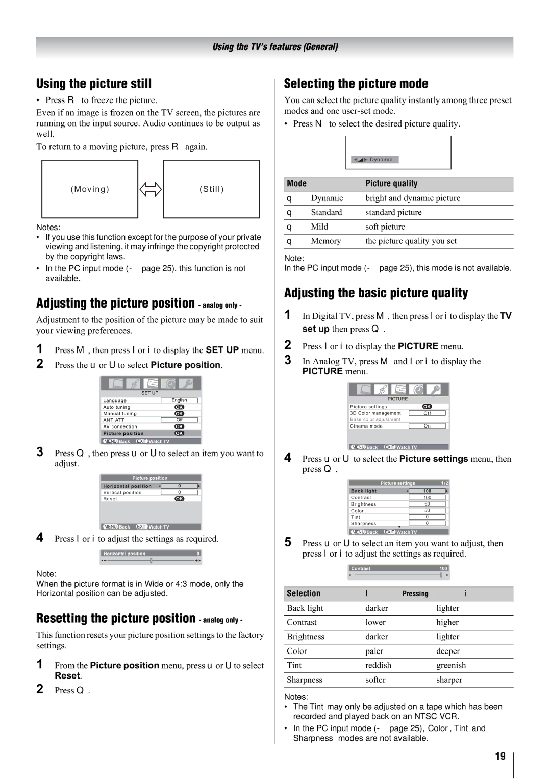 Toshiba 42WLT66A, 32WLT66A Using the picture still, Adjusting the picture position analog only, Selecting the picture mode 