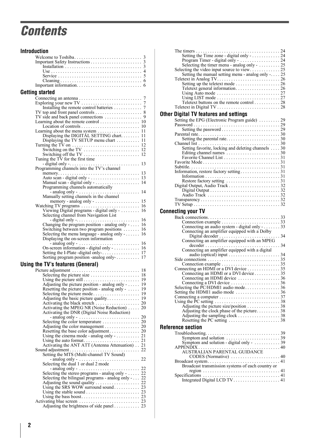 Toshiba 47WLT66A, 32WLT66A, 37WLT66A, 42WLT66A owner manual Contents 