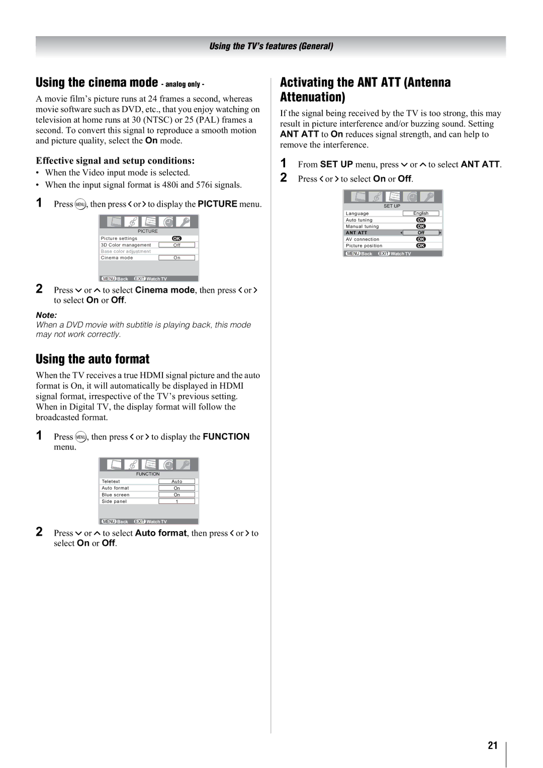 Toshiba 37WLT66A Using the cinema mode analog only, Using the auto format, Activating the ANT ATT Antenna Attenuation 