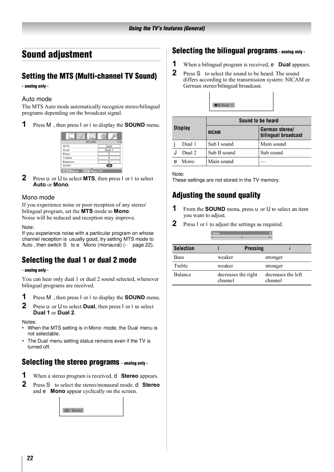 Toshiba 47WLT66A Sound adjustment, Selecting the dual 1 or dual 2 mode, Selecting the bilingual programs analog only 