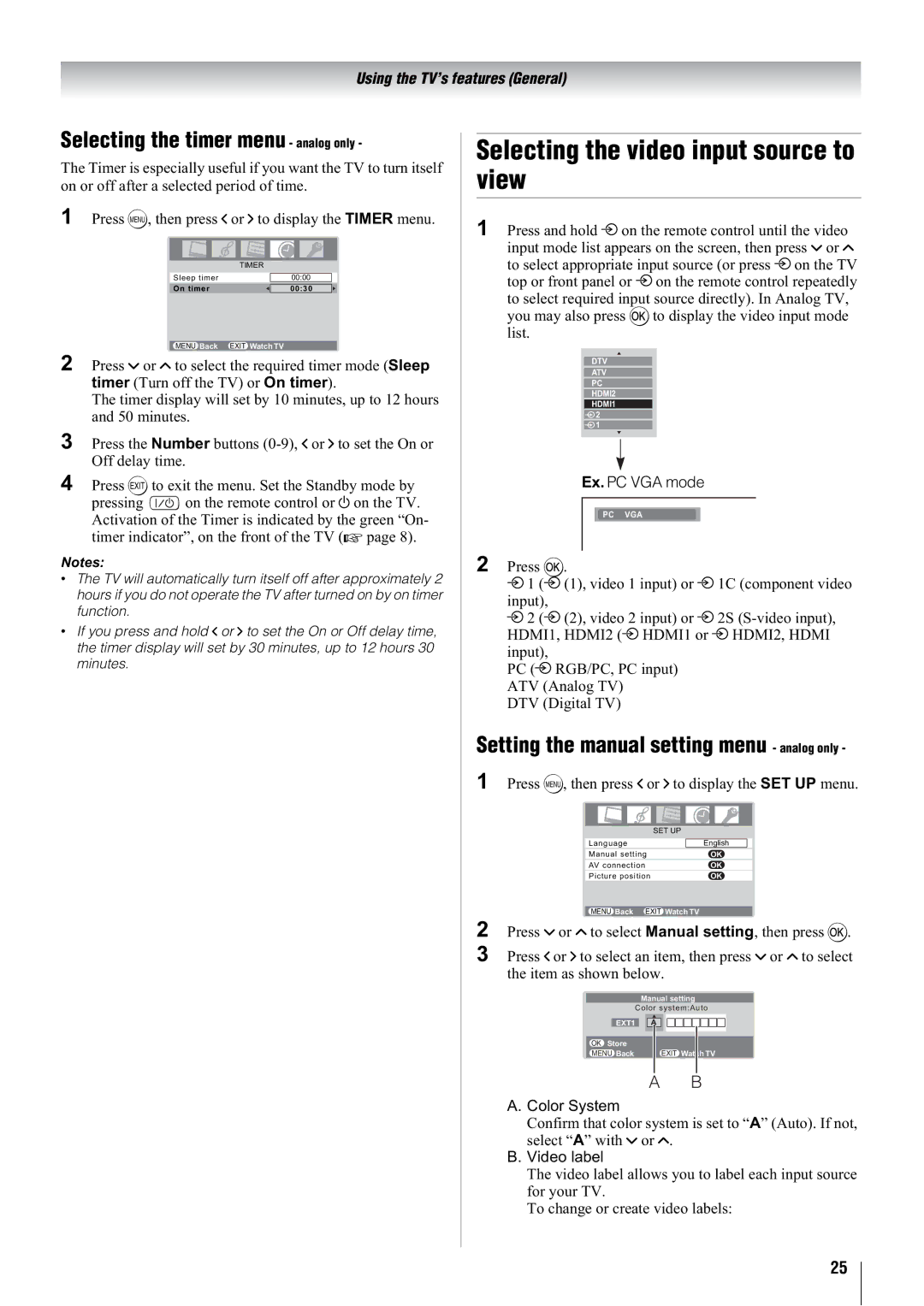 Toshiba 37WLT66A, 32WLT66A, 47WLT66A Selecting the video input source to view, Selecting the timer menu analog only 