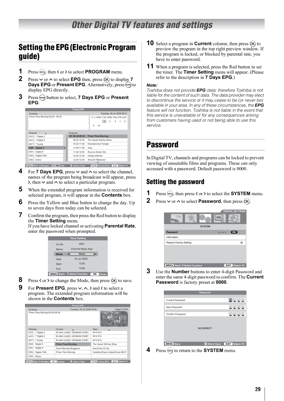 Toshiba 37WLT66A, 32WLT66A Other Digital TV features and settings, Setting the EPG Electronic Program guide, Password 