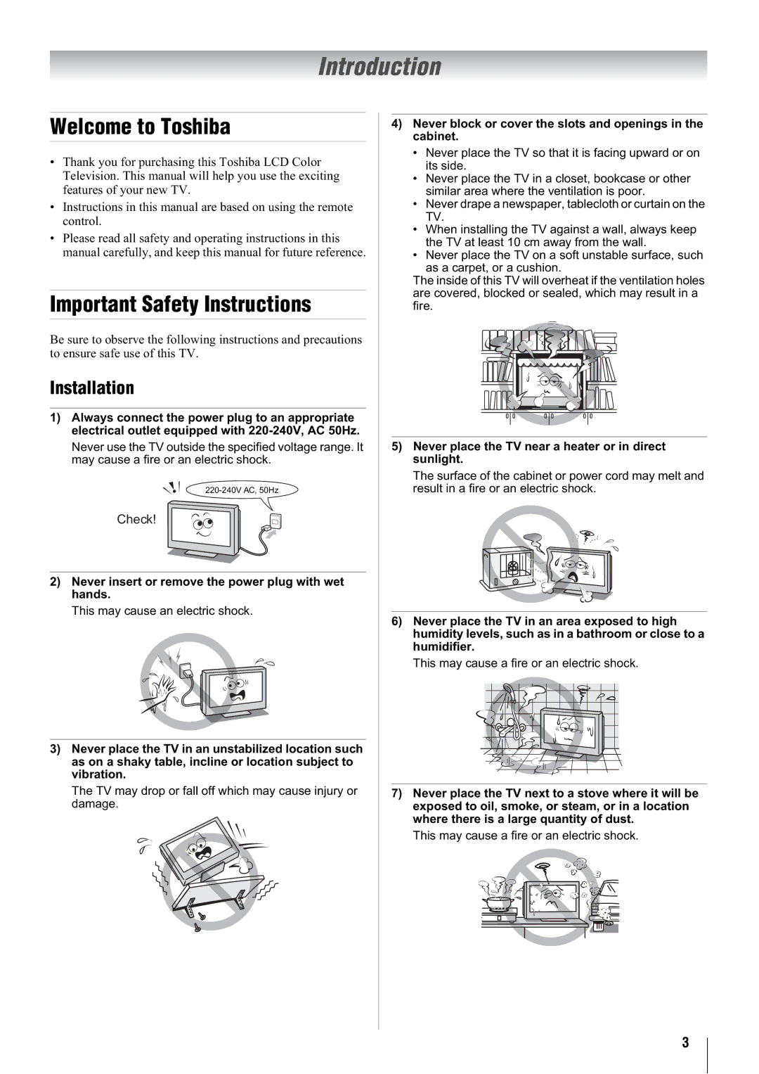 Toshiba 42WLT66A, 32WLT66A, 37WLT66A, 47WLT66A Introduction, Welcome to Toshiba, Important Safety Instructions, Installation 