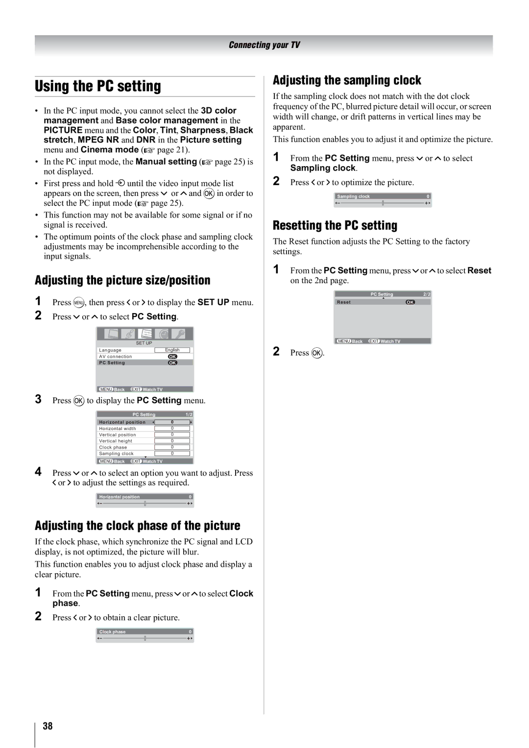 Toshiba 47WLT66A, 32WLT66A Using the PC setting, Adjusting the picture size/position, Adjusting the sampling clock 