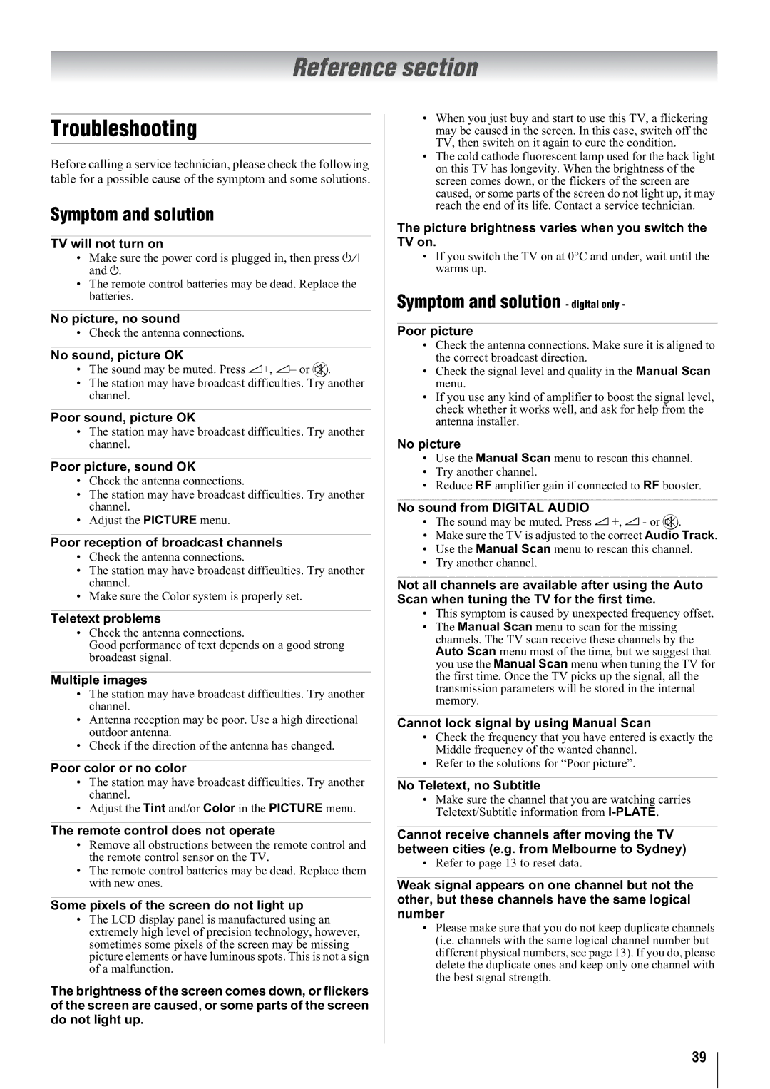 Toshiba 42WLT66A, 32WLT66A, 37WLT66A, 47WLT66A Reference section, Troubleshooting, Symptom and solution digital only 