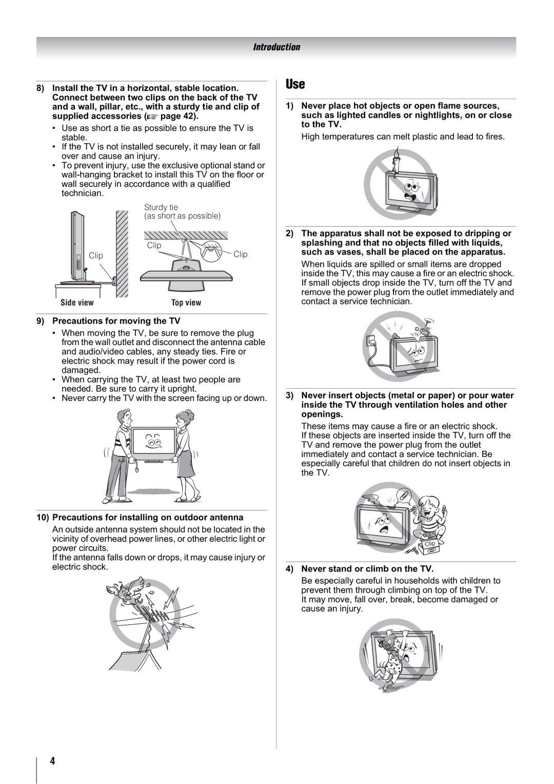 Toshiba 32WLT66A, 37WLT66A, 47WLT66A Use, Precautions for moving the TV, Precautions for installing on outdoor antenna 