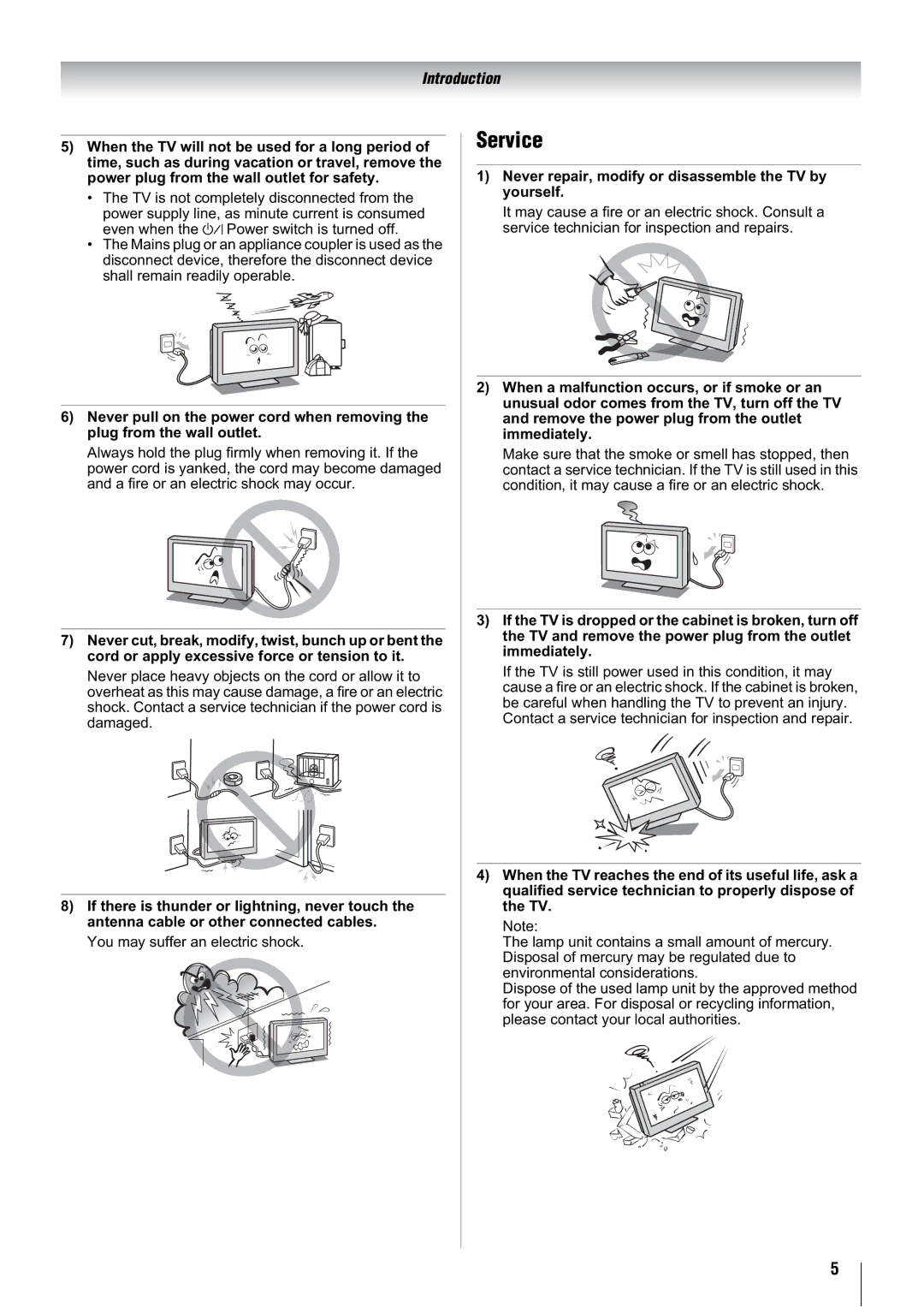 Toshiba 37WLT66A, 32WLT66A, 47WLT66A, 42WLT66A owner manual Service, Never repair, modify or disassemble the TV by yourself 