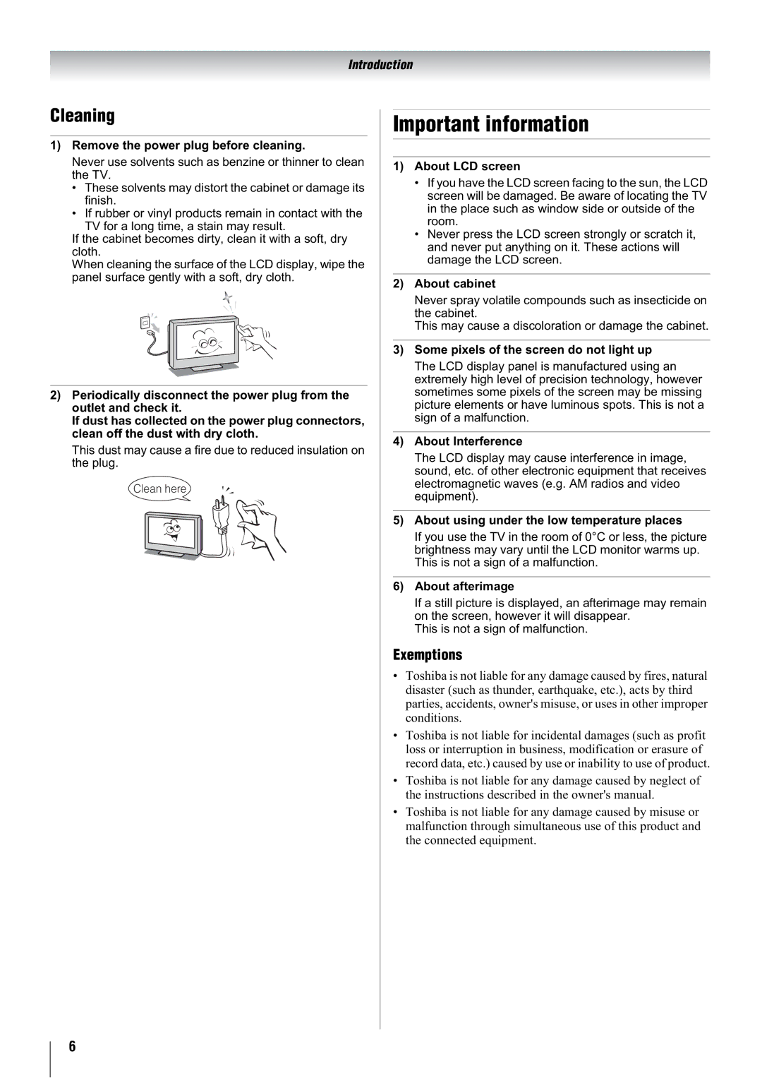 Toshiba 47WLT66A, 32WLT66A, 37WLT66A, 42WLT66A owner manual Important information, Cleaning 