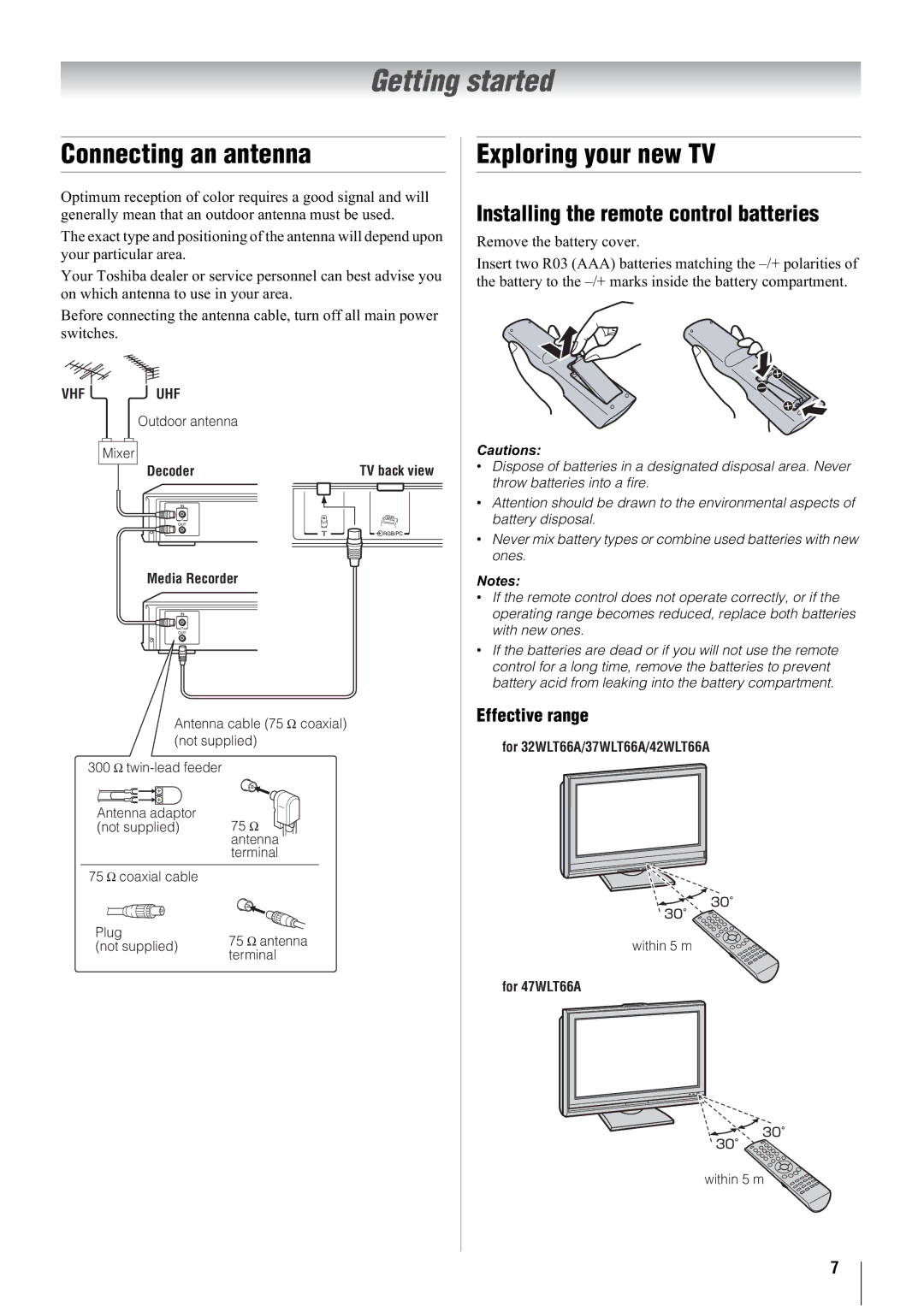 Toshiba 42WLT66A Getting started, Connecting an antenna, Exploring your new TV, Installing the remote control batteries 