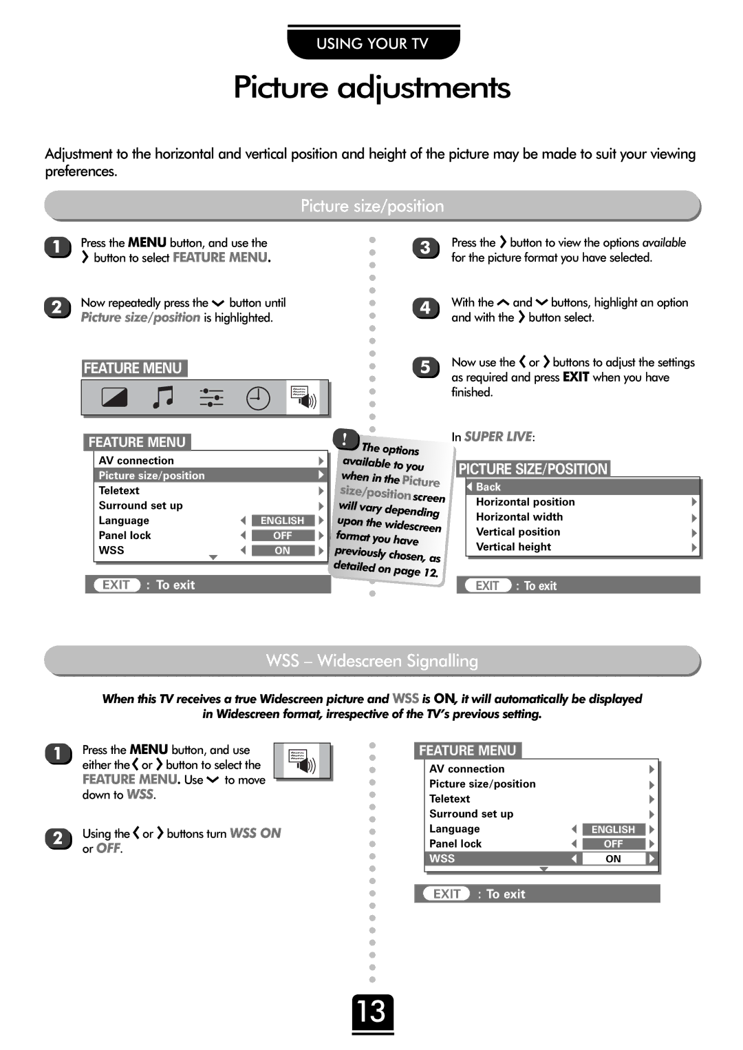 Toshiba 32ZP18P, 36ZP18P Picture adjustments, Picture size/position Picture size/position settings, Feature Menu 