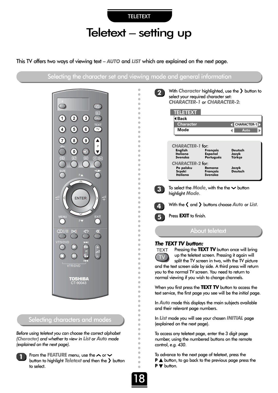 Toshiba 32ZP18P, 36ZP18P owner manual Teletext setting up, Selecting characters and modes, About teletext 