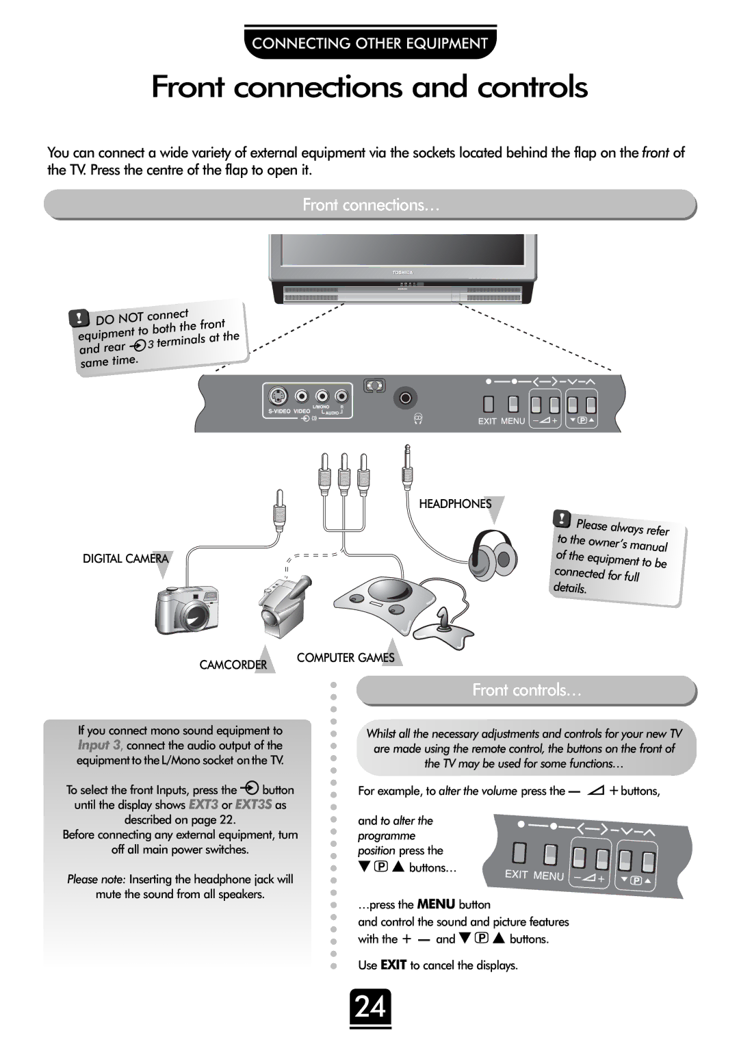 Toshiba 32ZP18P, 36ZP18P owner manual Front connections and controls, Front connections…, Front controls…, Owner’s 