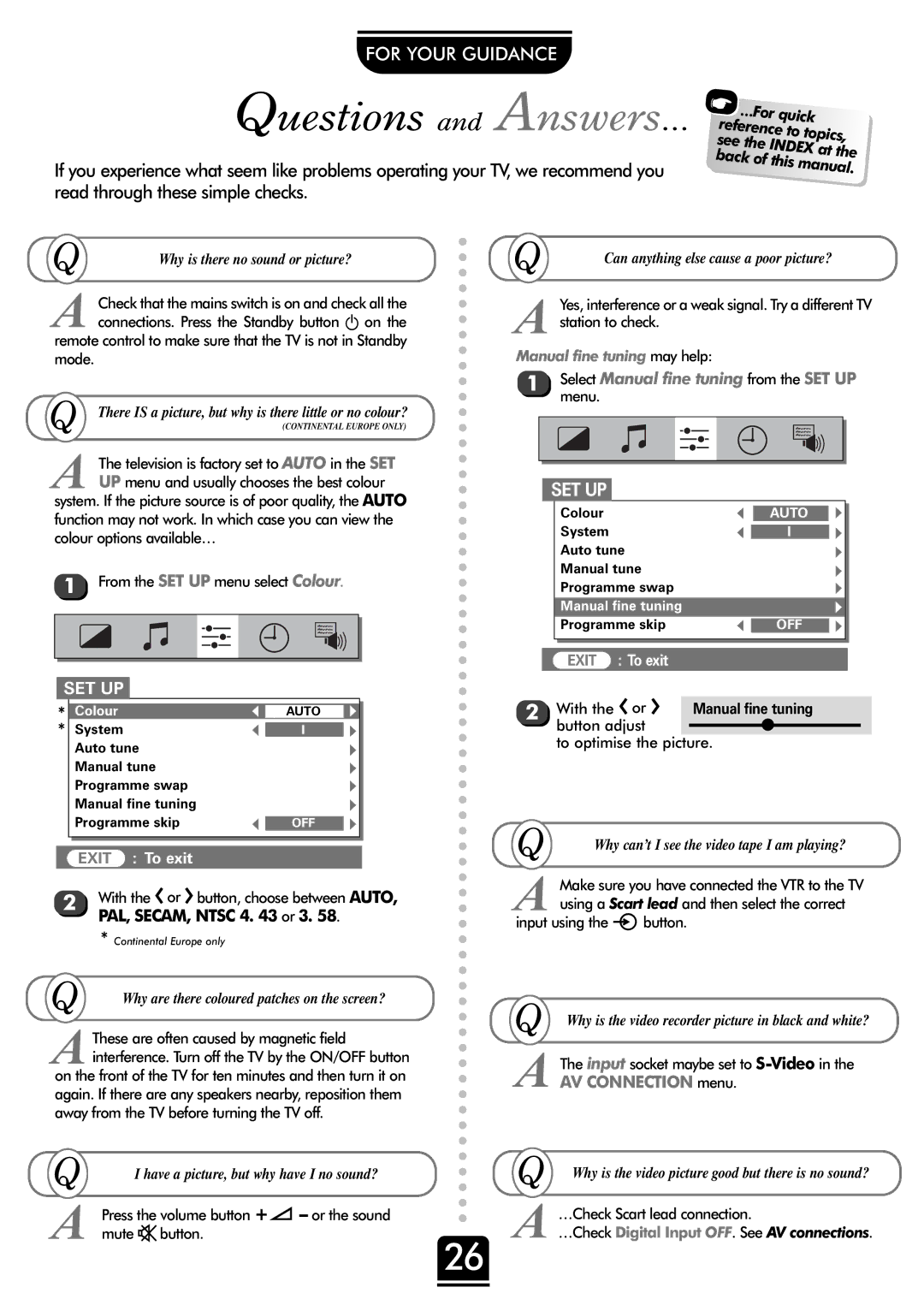 Toshiba 32ZP18P, 36ZP18P owner manual Index, Manual fine tuning 