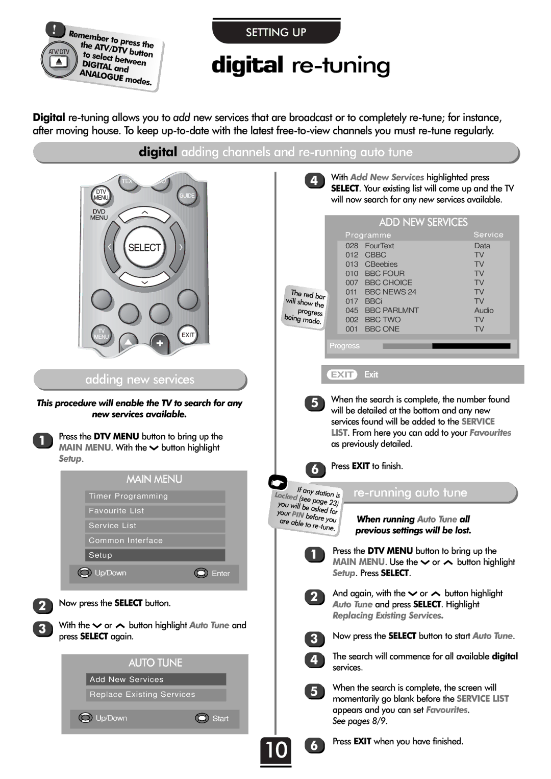 Toshiba 32ZT29B owner manual Digital re-tuning, Re-running auto tune, Auto Tune, Setup, Replacing Existing Services 