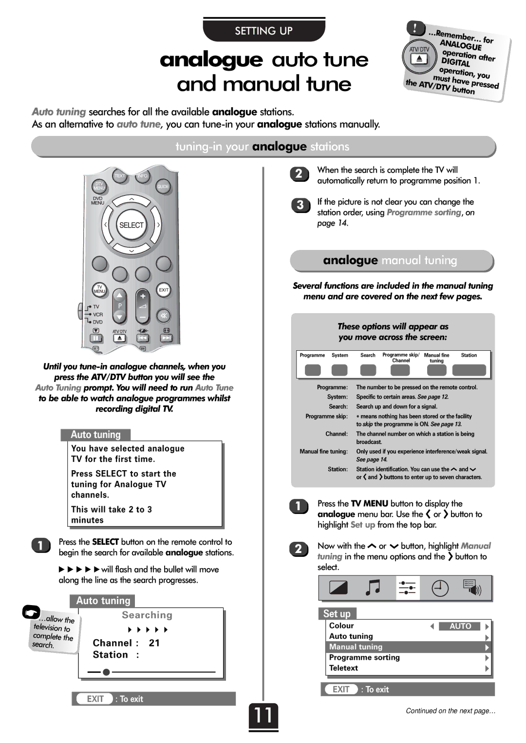 Toshiba 32ZT29B owner manual Manual tune, Tuning-in your analogue stations, Analogue manual tuning, Auto tuning, Set up 