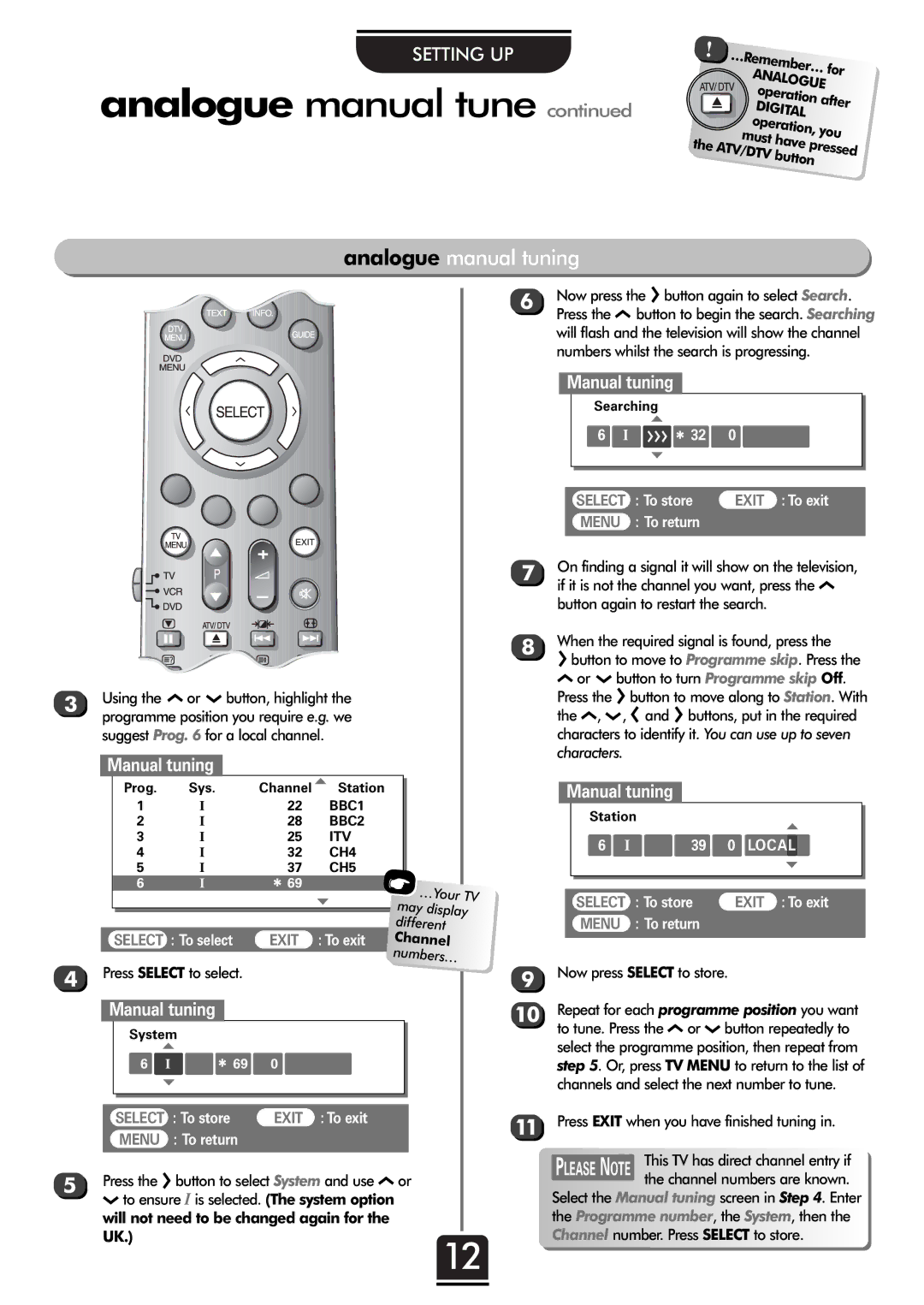 Toshiba 32ZT29B owner manual Analogue manual tune, Manual tuning, Channel 