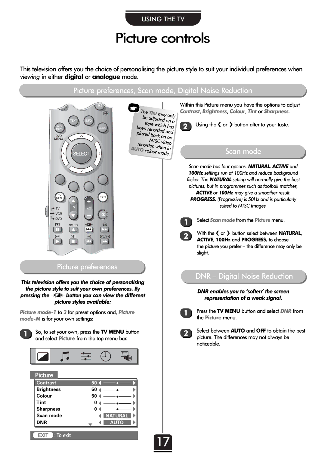 Toshiba 32ZT29B Picture controls, Picture preferences, Scan mode, Digital Noise Reduction, DNR Digital Noise Reduction 