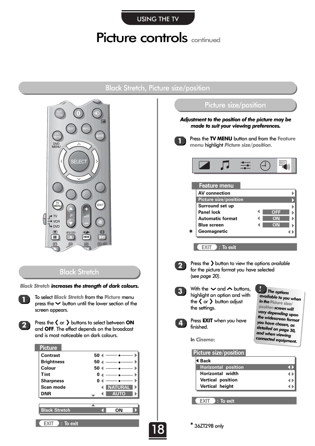 Toshiba 32ZT29B Black Stretch, Picture size/position, Feature menu, Menu highlight Picture size/position, Cinema 